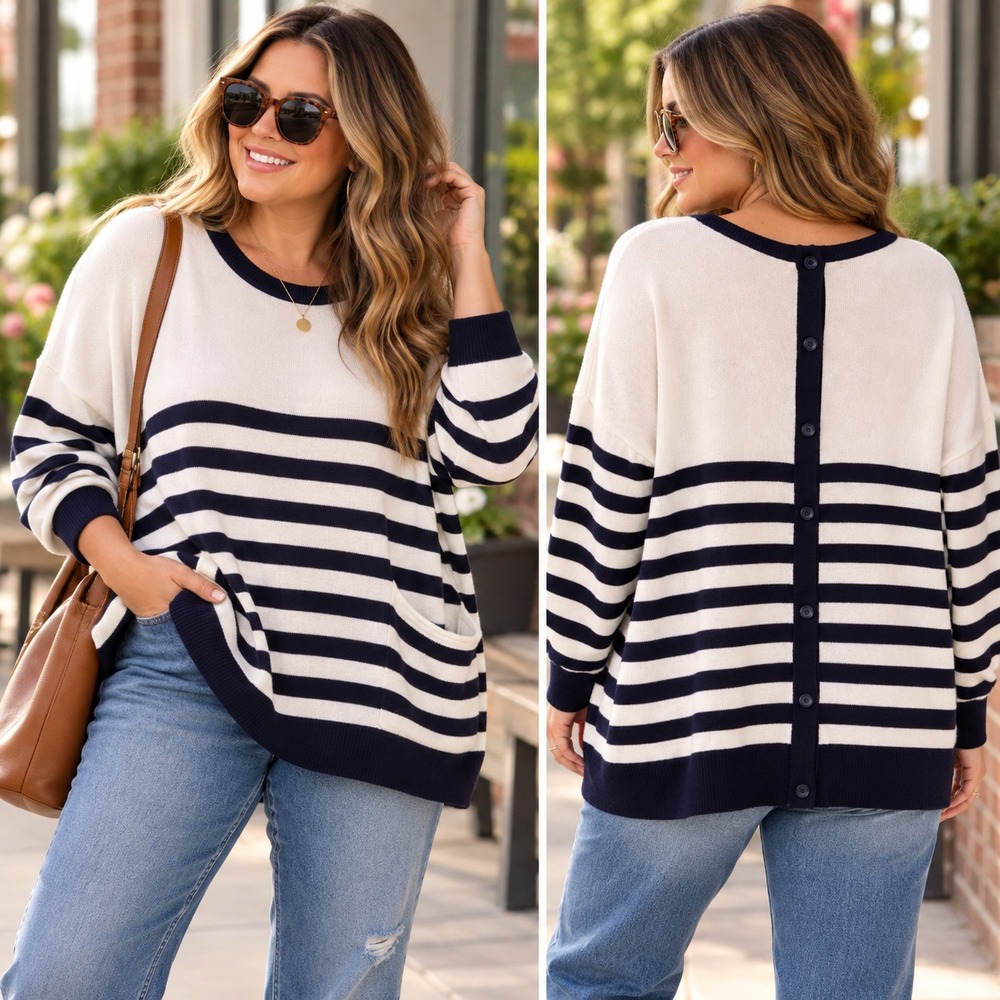 Cecico Oversized Boxy Striped Sweater Medium Navy White Button Back Pockets